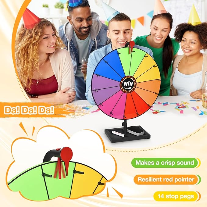 18-inch Tabletop Prize Wheel, Prize Wheel Spinner with Stand & Storage Base, Featuring a Prize Wheel with 14 Customizable Color Sections. Suitable for Party Games, Family Games (with line)