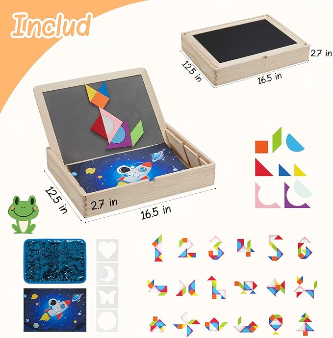 4-in-1 Wooden Sensory Toys with Storage Box, Activity Board for Children with Autism, Double Side Playing Board, Sensory Sequin Flip Panel, Educational Puzzles for Kids, Calm Down Corner