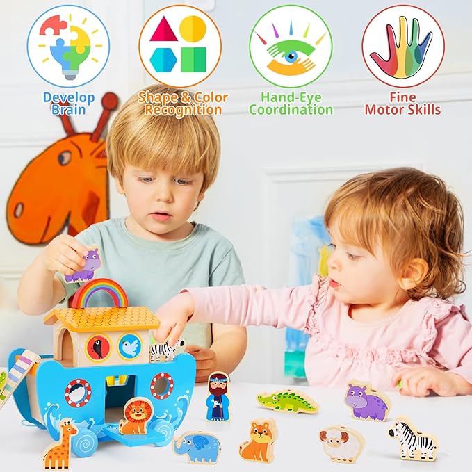 Toddlers Noah's Ark Toys with Wooden Animal Shape Sorters, Baptism Gifts for Girls Boys 2 3 4 Years Old, Montessori Educational Toys for Toddlers, Bible Story Book for Kids Ages 2-4