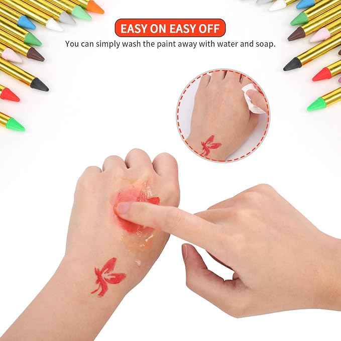 Face Paint Crayons for Kids, 36 Makeup Sticks & 36 Stencils, Professtional Face Painting kit for Halloween or Birthday Party, 6 Fluorescent, 6 Metallic & 24 Classic Colors, Safe for Sensitive Skin
