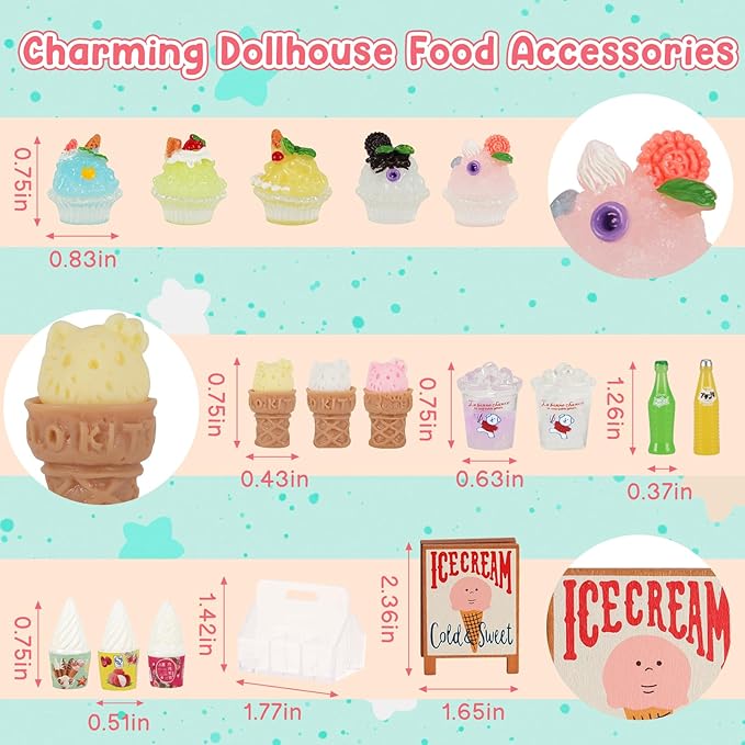 Mini Ice Cream Toy Sets for Play Kitchen - Miniature Food Truck with Wooden Cart, 7 Smoothies, Cones & Drink Bottles for Dollhouse Decor, Food & Accessories, Role Play Birthday Gift for Girls & Boys