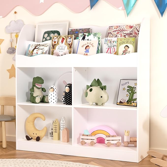 MHOM White Kids Bookshelf, Toy Storage Organizer with Book Rack and 4 Storage Cubbies, Wooden Kids Bookcase, Toy Organizers and Storage for Nursery, Playroom