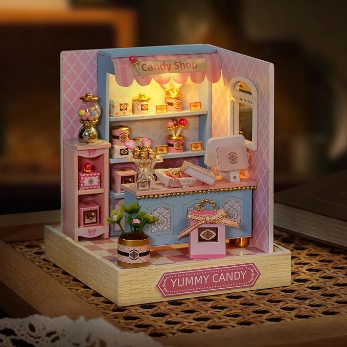 TuKIIE DIY Miniature Dollhouse Kit with Furniture, 1:24 Scale Creative Room Mini Wooden Doll House Plus Dust Proof for Kids Teens Adults(Yummy Candy)