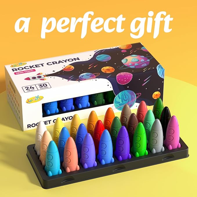 24 Colors Crayons for Toddlers, Non-Toxic Washable Rocket Crayons, Easy-to-Hold Coloring Gifts & Mess-Free Art Supplies for Little Hands