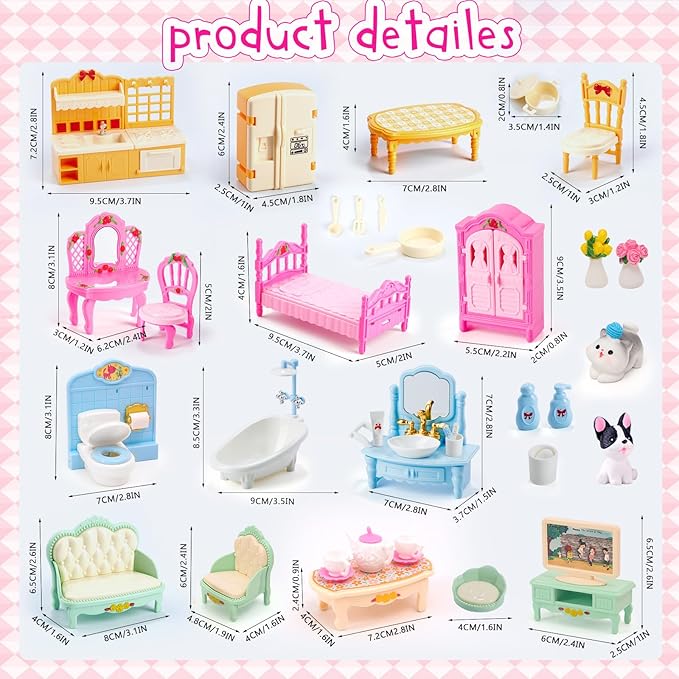 45 Pcs Dollhouse Furniture Set Accessories Pretend Play Bedroom Living Room Bathroom Kitchen Doll House Mini Furniture for Kids Birthday and Christmas 4 Colors