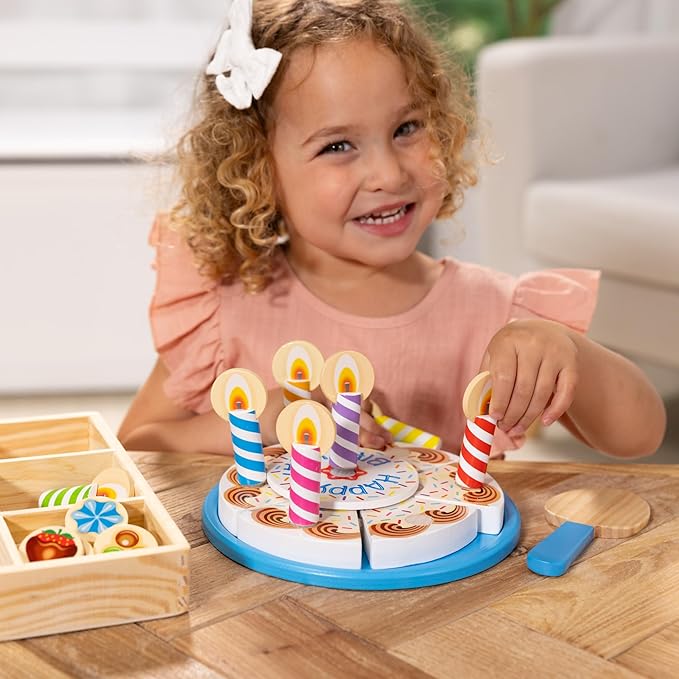 Melissa & Doug Birthday Party Cake - Wooden Play Food with Mix-n-Match Toppings and 7 Candles