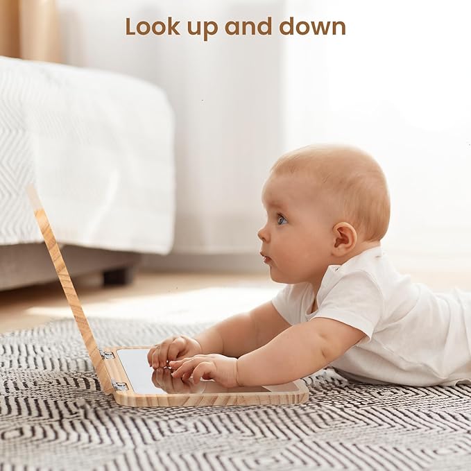 Woodtoe Tummy Time Mirror for Infant, 0-180° Adjustable Baby Mirrors with 15 Black and White Educational Cards, Shatterproof & Portable Baby Safe Mirror Toy, Developmental Baby Gift for 0-6 Months