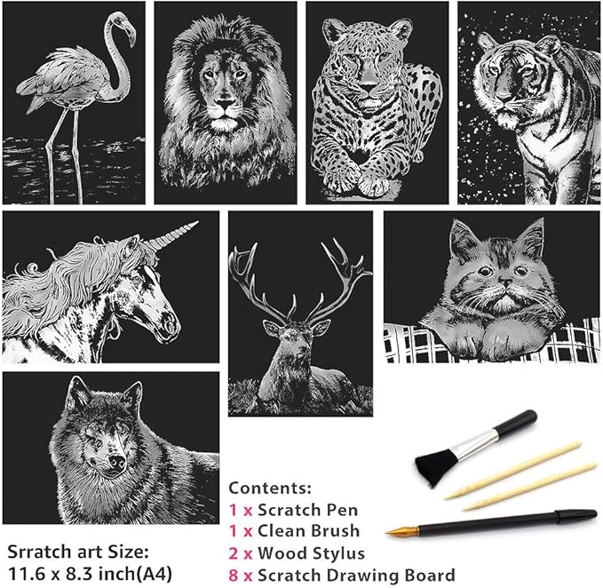 Scratch Art for Kids & Adults, Rainbow Engraving Painting Landscape Scratchboard(A4) Crafts Set: 8 Sheets Scratch Cards with 4 tools - Unicorn/Flamingo/Cat/Deer/Lion/Tiger/Leopard/Wolf(Animal Series)