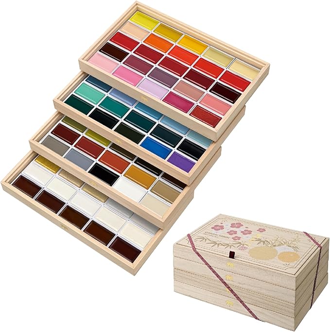 Kuretake GANSAI TAMBI Watercolor Paint Set 100 Colors with Wooden Box, Professional-quality art supplies for artists adult painting Non-Toxic, Made in Japan