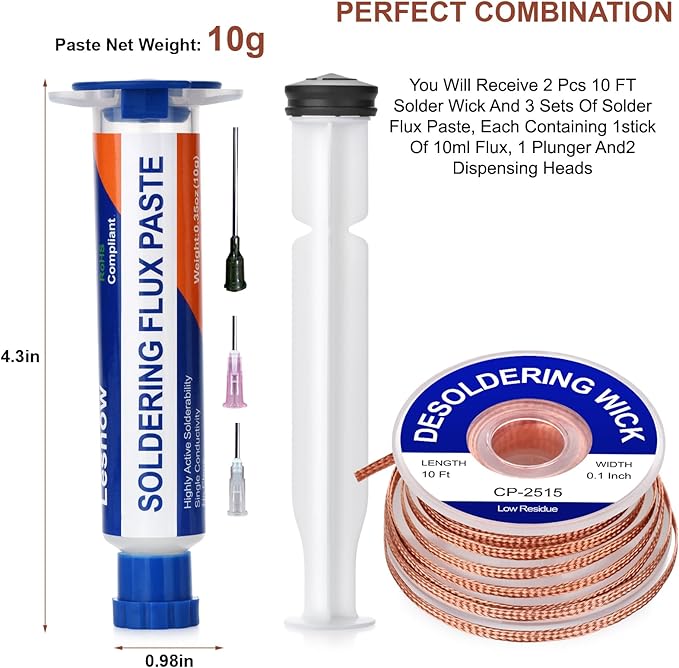 Solder Wick Braid And Solder Flux Paste, No Clean Soldering Flux(10cc) Soldering Remover Tool, 10ft Desoldering Wick Braid For Electronics Repair For Disassemble Electrical Components