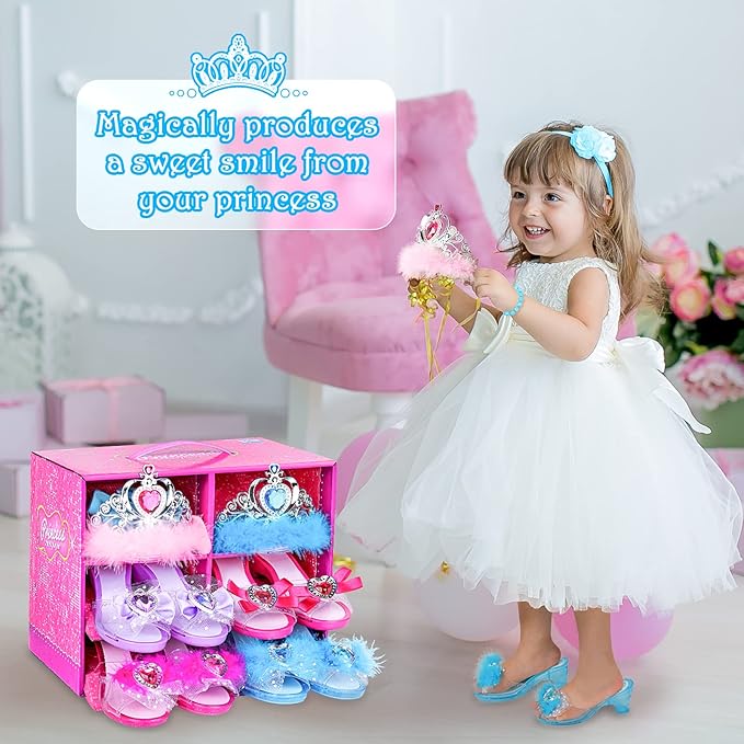 Girls Princess Dress Up Shoes and Jewelry Boutique DISHIO Upgraded Princess Shoes and Accessories with 4 Pair of Princess Play Shoes and Jewelry Set for Toddlers Little Girls Aged 3 4 5 6