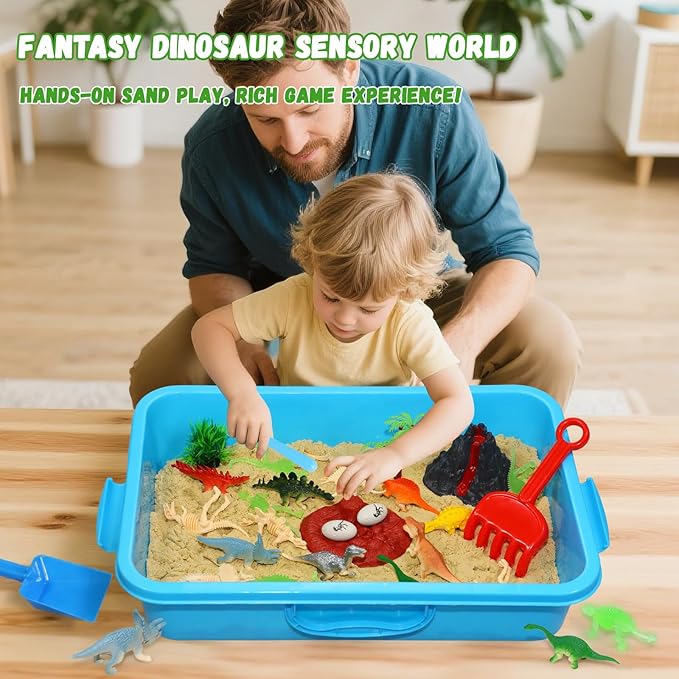 Pakimio Dinosaur Sensory Bin with Lid, 2.64lbs Magic Sand, Dino Figures & Skeletons, Archaeology & Sand Tools, Scenic Elements, Play Sand Kit Dinosaur Toys for 3 4 5 6 7 8+ Year Old Boy Birthday Gift