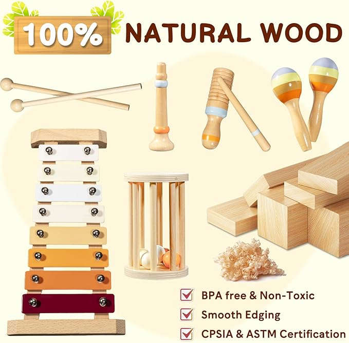 Baby Musical Instruments Set - Montessori Wooden Toys for Toddlers 1-3, Neutral Colors Drum Percussion Instruments Set with Modern Boho Xylophone, Preschool Educational Tool for Kids Age 3+