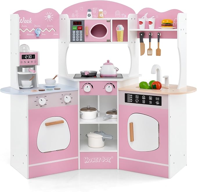 HONEY JOY Corner Play Kitchen, Toddler Wooden Toy Kitchen Set w/Lights, Coffee Maker, Microwave, Sink, Faucet, Little Chef Pretend Play Kids Kitchen Playset for Boys Girls (Pink)