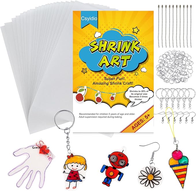175 Pieces Shrink Plastic Sheet Kit Includes 25 Pieces Shrink Plastic Sheets and 150 Pieces Accessories for Making Key Chains, Christmas Ornaments, Kids' Birthday Presents