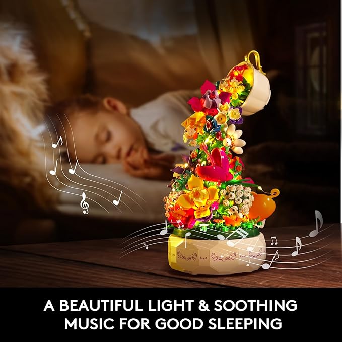 HOGOKIDS Flowers Music Box Building Block Kit with Light- 571PCS Mother's Day Decoration Rotating Music Box Building Blocks Set | Botanical Collection Birthday Gift for Girls Boys Adults Kids Ages 6+