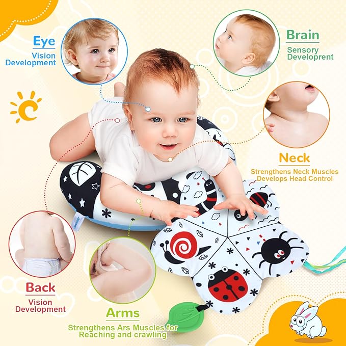 Tummy Time Pillow, High Contrast Tummy Time Mat with Black & White Flash Cards, Double-Sided Tummy Time Cushion with Mirror & Teether Sensory Toys, Baby Toys for Infant Newborn 0-12 Months Babies