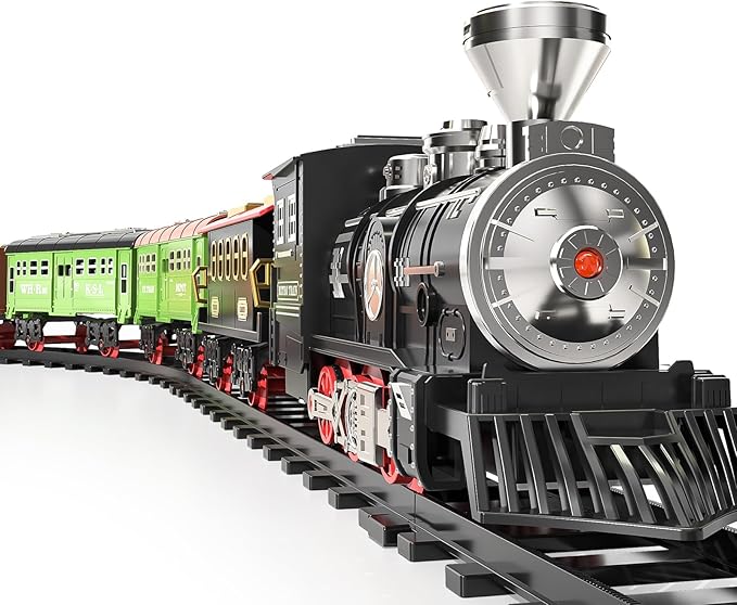 TEMI Large Train Set - Kids Electric Train Toy with 3 Way Smoke Locomotive, Light and Sounds, Cargo Cars and Long Tracks, Large Gift Train Set for Boys & Girls