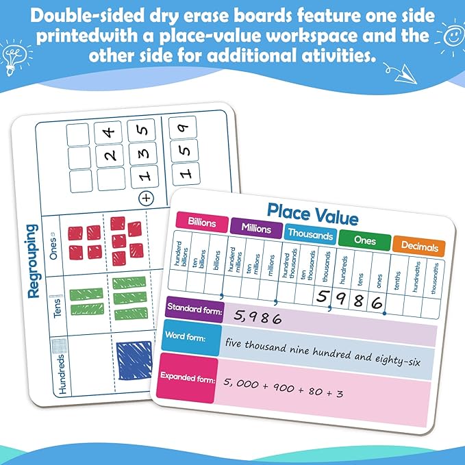 Dry Erase Place Value Whiteboard,9" x 12" Double Sided Dry Erase Boards for Kids for Teaching Place Values from Billions to Decimal Numbers,Math Manipulatives White Board for Students