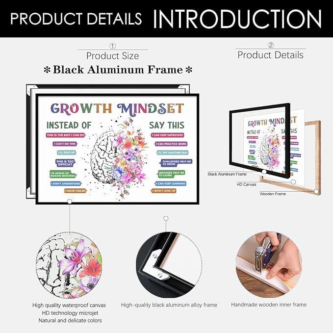 CEHNSENHUI Classroom Growth Mindset Affirmations for Kids Mental Health Posters Brain Poster Psychology Special Education Calm Corner Wall Art Office Therapy Canvas Wall Decor 16x24in BlackFramed