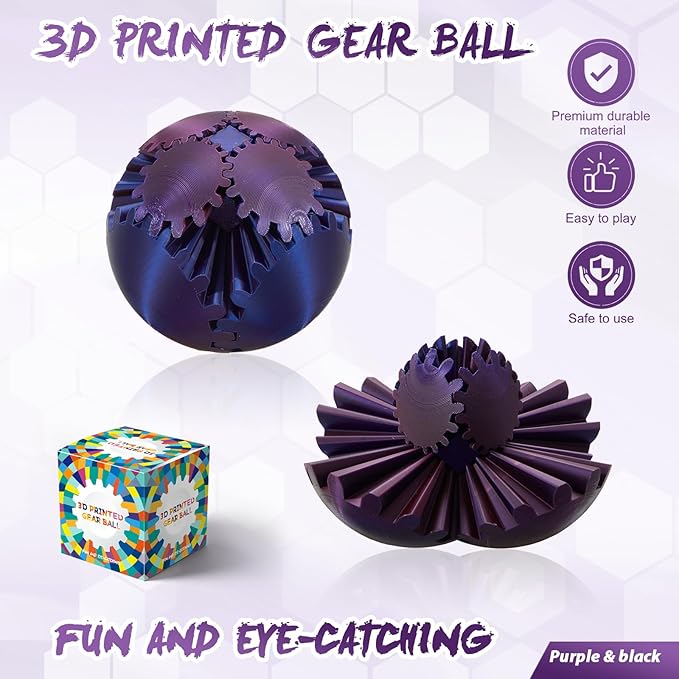 Gear Ball-3D Printed Gear Sphere,3D Printed Spin Ball Cube Fidget Toy,The Steampunk Whirling Wonder Fidget Ball Toy (6 Colors)