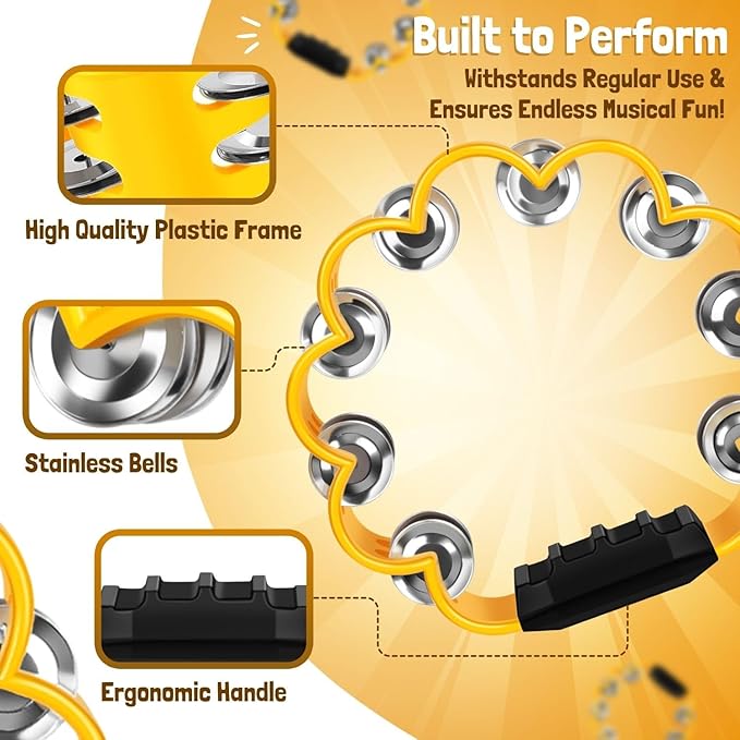 Flexzion Flower Tambourine - 8 Inch Handheld Percussion Instrument w/Metal Jingles & Ergonomic Grip - Small Tambourines for Adults, Kids, Church, Parties, & Musical Events (Yellow)