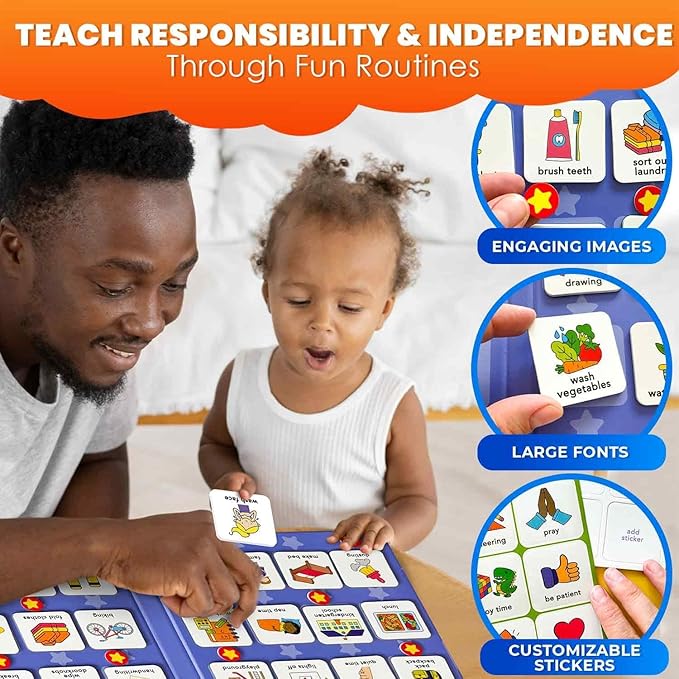 QUOKKA Magnetic Chore Chart for Kids with 72 Routine Magnets & Star Rewards - Foldable Visual Daily Responsibility Schedule and Behavior Chart for Kids - Help Kids Build Good Habits and Independence