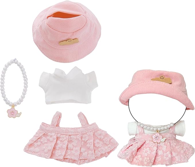 17cm Doll Clothes Set & Dolls Outfit 3-Piece Handmade Doll Clothing Set with Dress Necklace and Hat Accessories for 17cm Plush Dolls, Clothes Only, No Doll Included