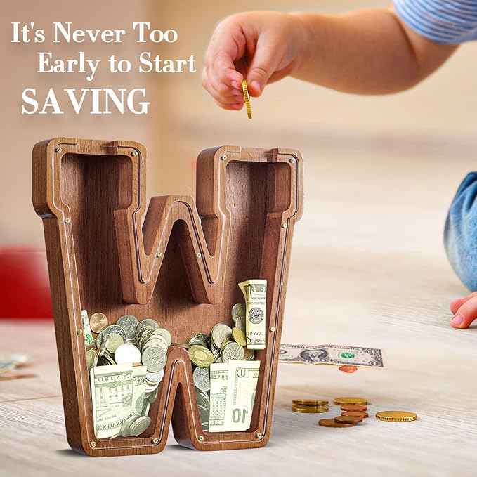 Summidate Large Wooden Piggy Bank for Kids Adults, Alphabets Letter A-Z Piggy Bank for Boys Girls, Coins Bills Change Bank Box Personalized Initial Name Kids Money Bank for Birthday Present and Decor