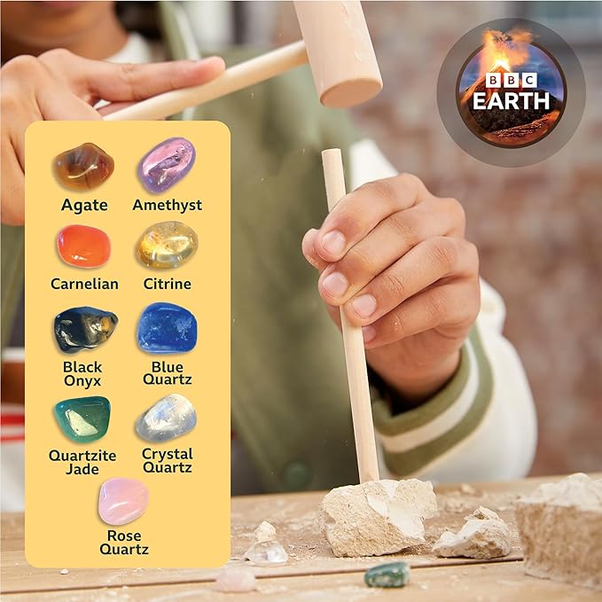 BBC Earth Excavate & Discover Gemstone Dig, Dig Up 9 Real Gemstones & Make Keychains, Rock Digging Excavation Kit, STEM Learning Kit, Kids Science Kit, Great 6 Year Old Boy Birthday Gift, Amazon Kids
