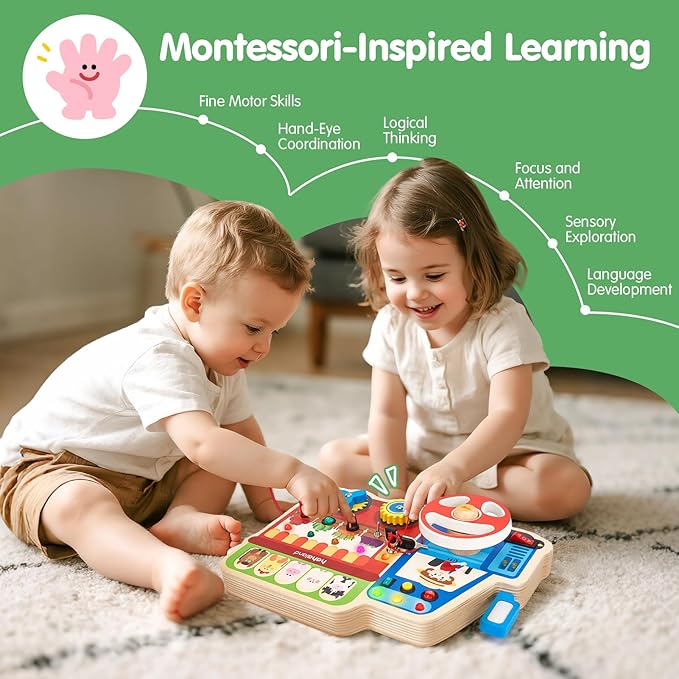 hahaland Montessori Busy Board for Toddlers 3-5, 18-in-1 Wooden Sensory Activity Board with LED Lights & Switches, Educational Montessori Toy for Fine Motor Skills, Travel & Birthday