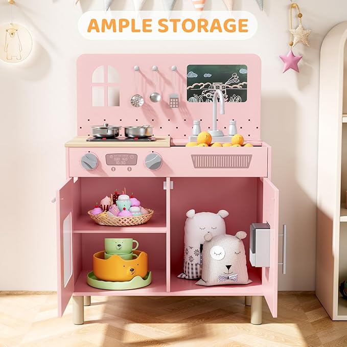 MAMIZO Wooden Kids Play Kitchen Set with Real Lights & Sounds, Interactive Pretend Kitchen with Knob Sounds, Sink, Water Dispenser, 6 Pcs Cookware & Chalkboard Panel for Toddlers and Children (Pink)