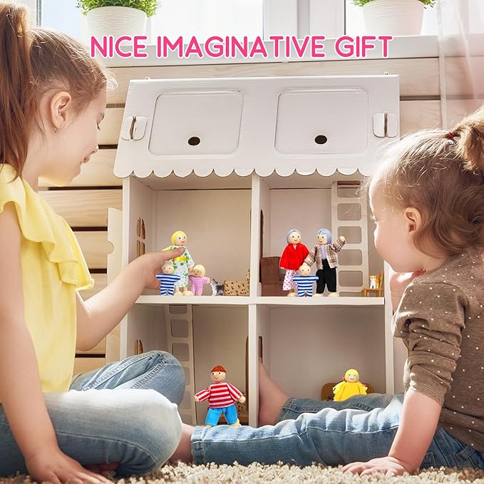 Skylety 10 Pcs Wooden Dollhouse Set of Mini People Figures Dollhouse Dolls Wooden Doll Play Figures Accessories(Bright Style)