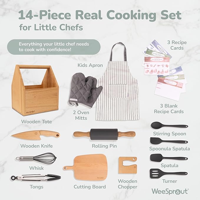WeeSprout Little Chef Kids Cooking & Baking Set, 14 Piece Cooking Set with Real Kitchen Tools & Kids Apron, Baking Gift for Girls, Boys & Junior Chefs, Food Grade Materials, Choice of Colors