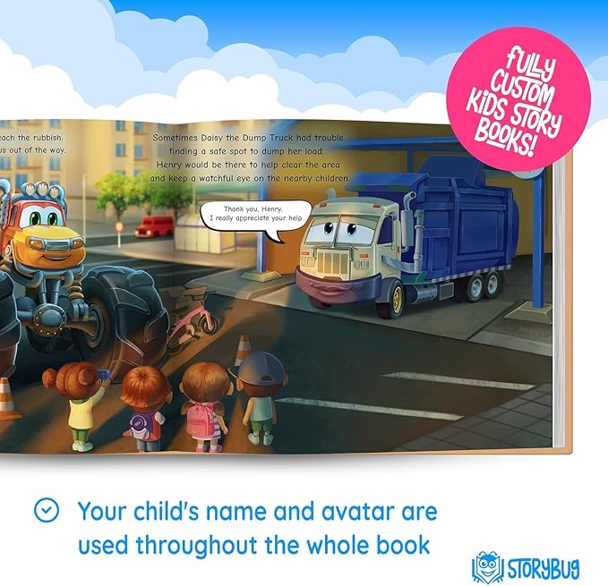 STORYBUG Personalized Monster Truck Story Book - Kids Custom Book with Name in The Story, 11in x 8.5in, Blue