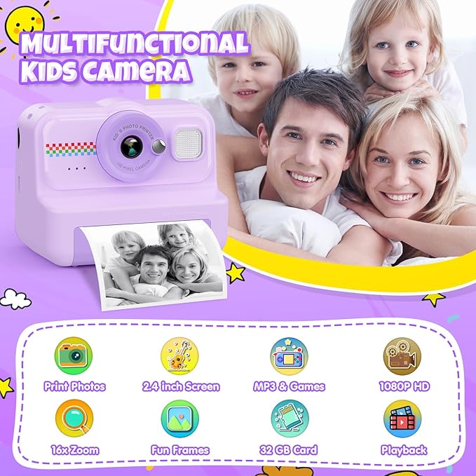 Kids Instant Print Camera, 1080P HD with 3 Rolls Print Paper & 32GB Card, Ideal Kids Toys Gift for Boys & Girls Age 3-14 (Purple)