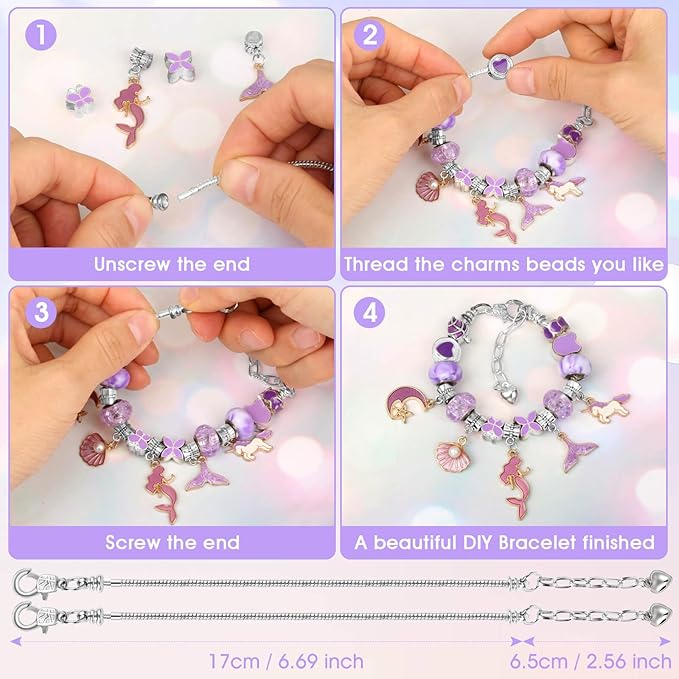 Flasoo DIY Charm Bracelet Making Kit for Girls, Jewelry Making Kit with Unicorn Mermaid Purple Stuff Craft Gift for Birthday, Christmas, New Year
