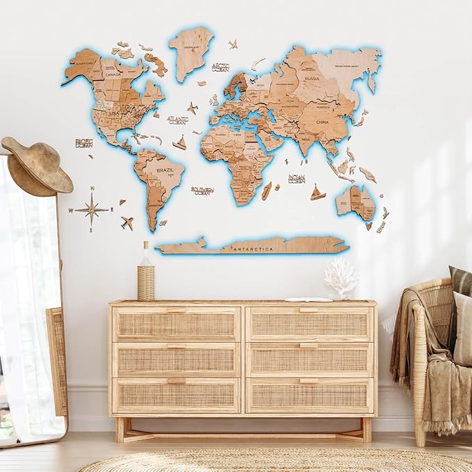 Enjoy The Wood 3D Wood World Map LED 3.0 Wall Art Modern Home Decor Gifts LED Lighting Wall Decor Housewarming Gift (Light)