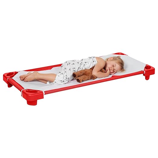 ECR4Kids Stackable Kiddie Cot, Ready-to-Assemble, Standard Size, Classroom Furniture, Red, 6-Pack