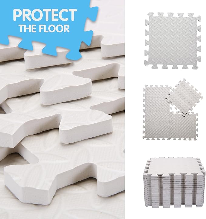 Coolcandy EVA Foam Play Mat, 16 Tiles Colorful Baby Play Mat, Square Kids Playmat with Solid Colored, 0.4" Thickened Interlocking Foam Floor Tiles, Puzzle Play Mat for Baby Crawling, Playing (White)