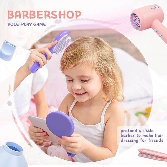 Toy Choi's Kids Hair Salon Toys - Kids Barber Set Pretend Play Makeup Hair Salon Set for Girls with Realistic Blow Dryer, Comb, Carrying Case. Birthday Gifts Hair Salon Toys for Girls 3 4 5 6 Year Old
