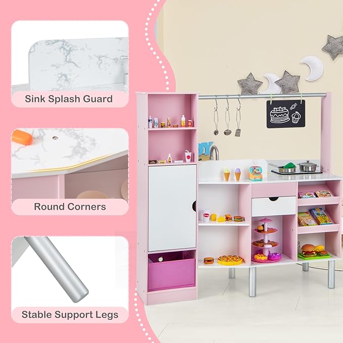 Costzon 2-in-1 Kids Kitchen Playset & Grocery Store, Double-Sided Pretend Play Kitchen with Light & Sound, Ice Maker, Sink & Faucet, 82 Accessories, Toddler Market Stand for Boys Girls Ages 3+