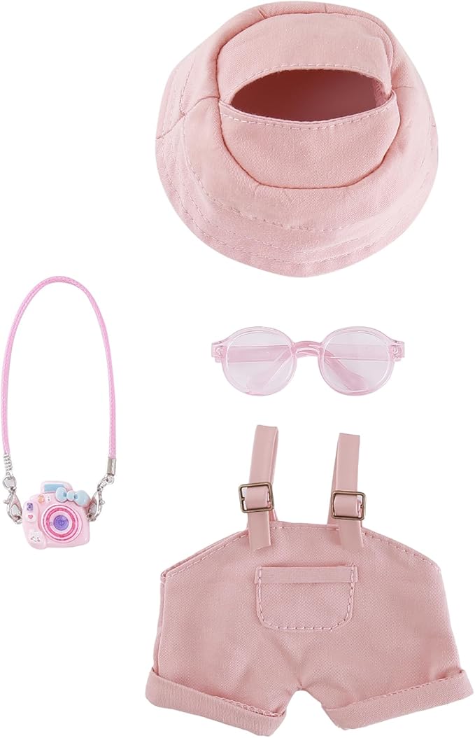 17cm Doll Clothes Set 4-Piece Outfits for Doll Pink Fashion Clothing for Plush Dolls Accessories with Glasses and Bucket Hat