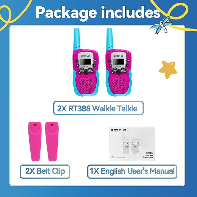 Retevis RT388 Kids Walkie Talkies, 2 Way Radio 22 CH Walkie Talkie, Clear Sound Flshlight VOX, Toys Gifts for 6-12 Year Old Boys Girls, Toys for 6-12 Year Old Camping Outdoor Games(Blue Pink 1 Pair)