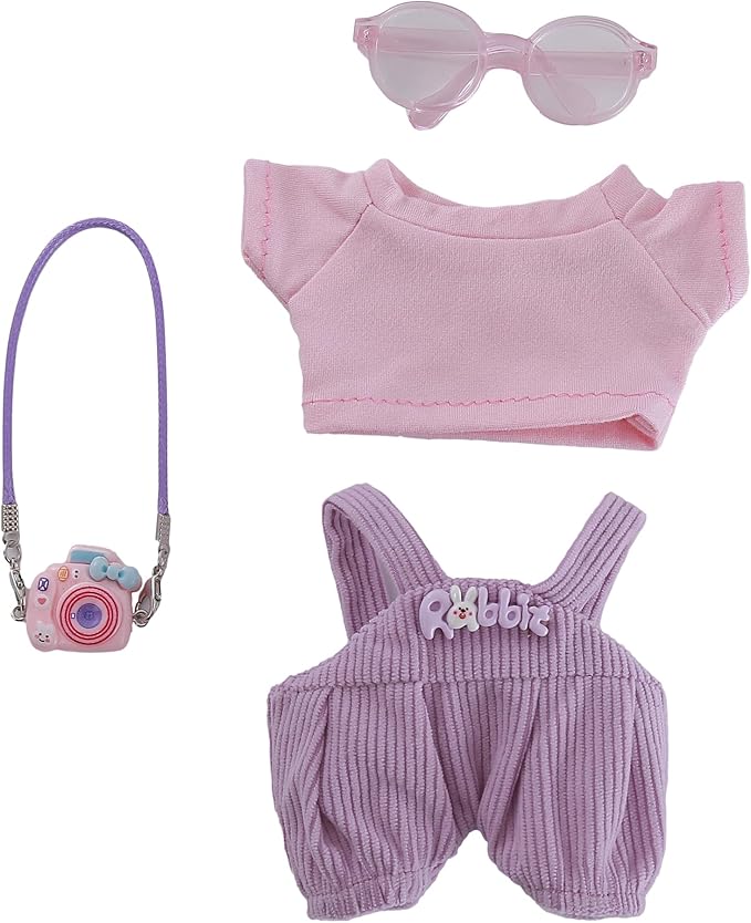 17cm Doll Clothes Set 3-Piece Doll Clothing Set with Purple Overalls Pink Glasses Accessories for 17cm Plush Dolls, Clothes Only, No Doll Included