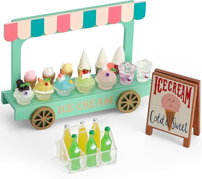 Mini Ice Cream Toy Sets for Play Kitchen - Miniature Food Truck with Wooden Cart, 7 Smoothies, Cones & Drink Bottles for Dollhouse Decor, Food & Accessories, Role Play Birthday Gift for Girls & Boys