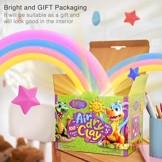 FlyFlag Air Dry Clay - 100 Colors, Ultra Light and Soft, Non-Toxic Modeling Clay for Kids with Tools and Tutorials, for Creative Play and Learning