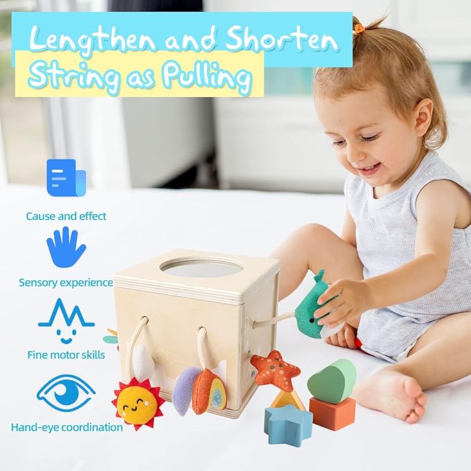 Pull String Activity Toy, Montessori Toys for Babies 6-12 Months, Wooden Activity Cube Baby Sensory Toys for 1 Year Old Boy Girl, Early Learning Baby Infant Toy 6 to 12 Months