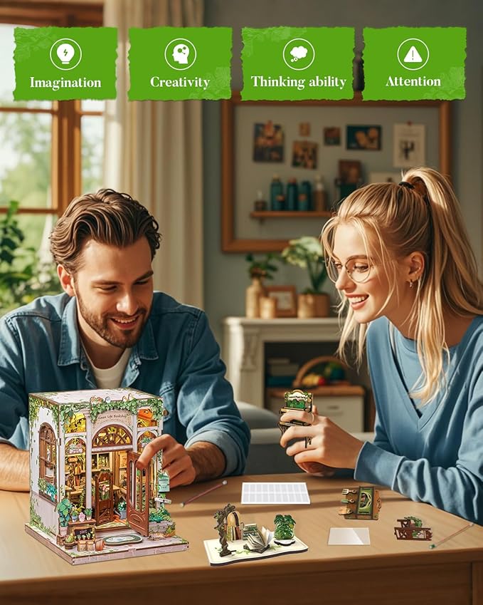 Cutefun Book Nook Kit - DIY Miniature Dollhouse Booknook Kit for Adults and Teens, Tiny House Bookshelf Insert Decor with LED Light, Gifts for Family and Friends (Green Life Bookshop)