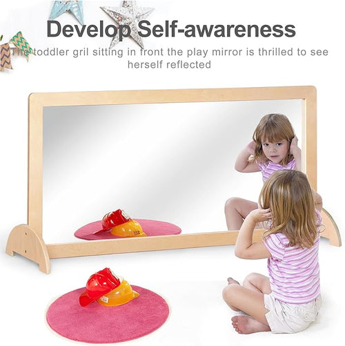 3-Position Montessori Wood Frame Non-Shatter Safety Pull Up Bar Baby Big Mirror Set, Infant Coordination Mirror, Kids Classroom Furniture for Daycare, Homeschool or Preschool